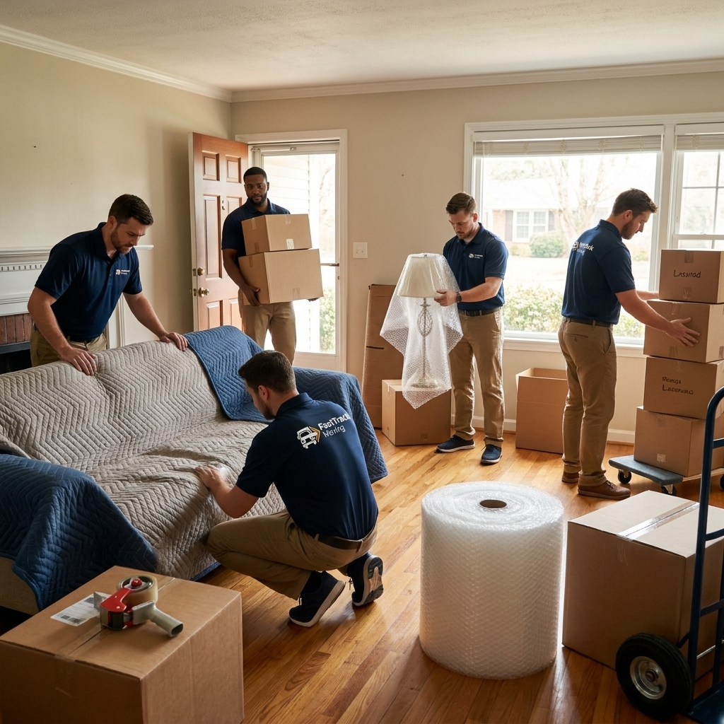 Fast Track Moving crew wrapping and packing furniture in a residential living room
