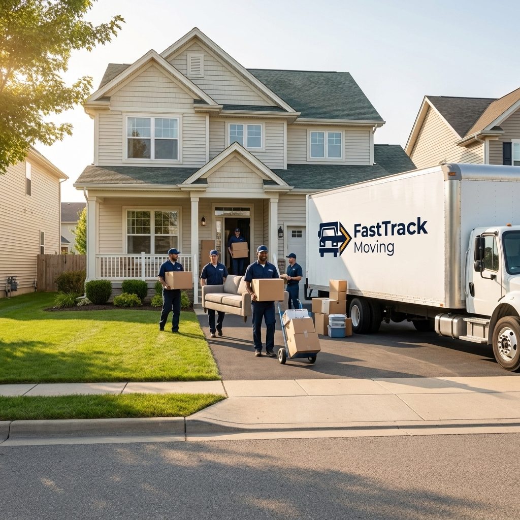 Fast Track Moving truck and team loading a suburban home