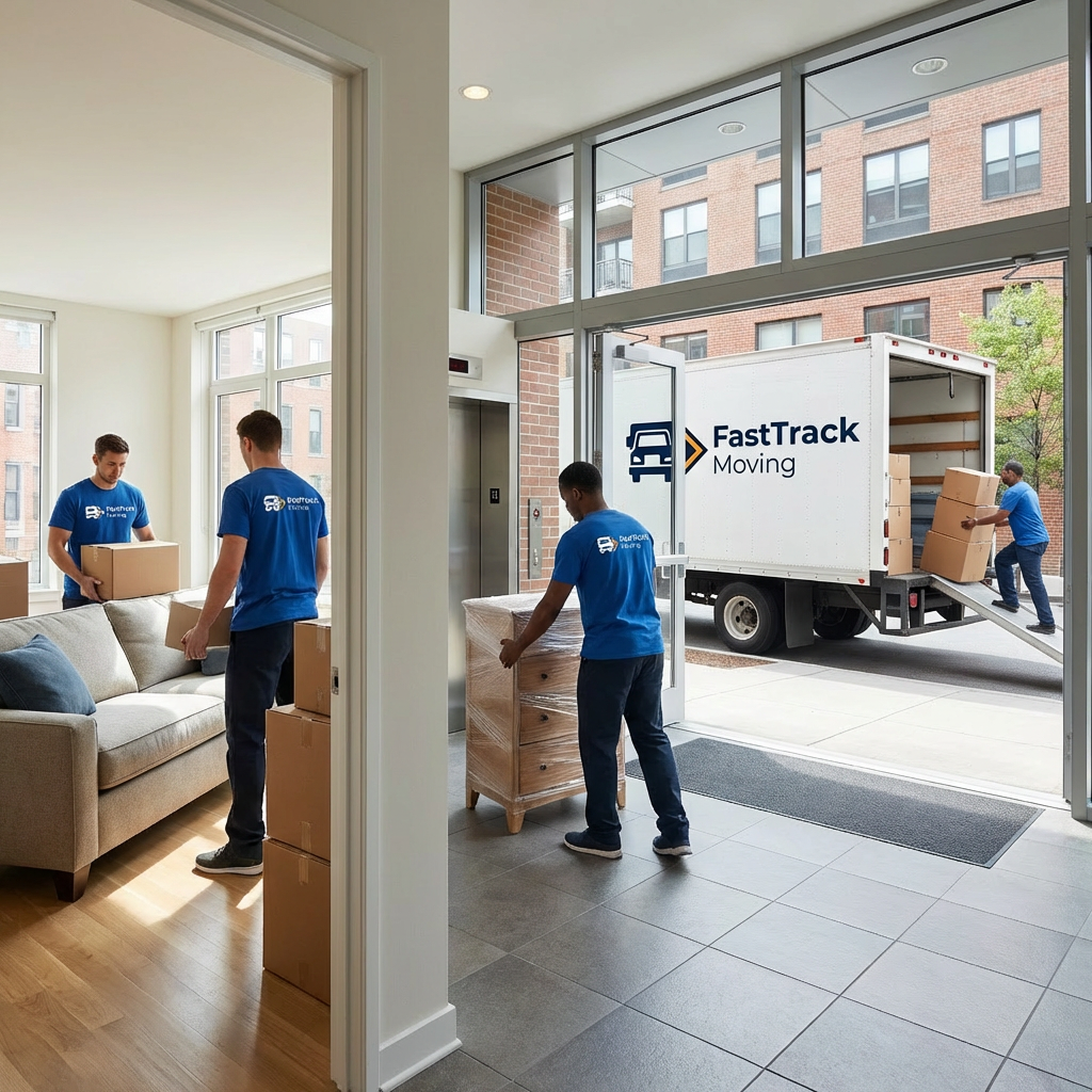 Fast Track Moving team handling an apartment and commercial building move